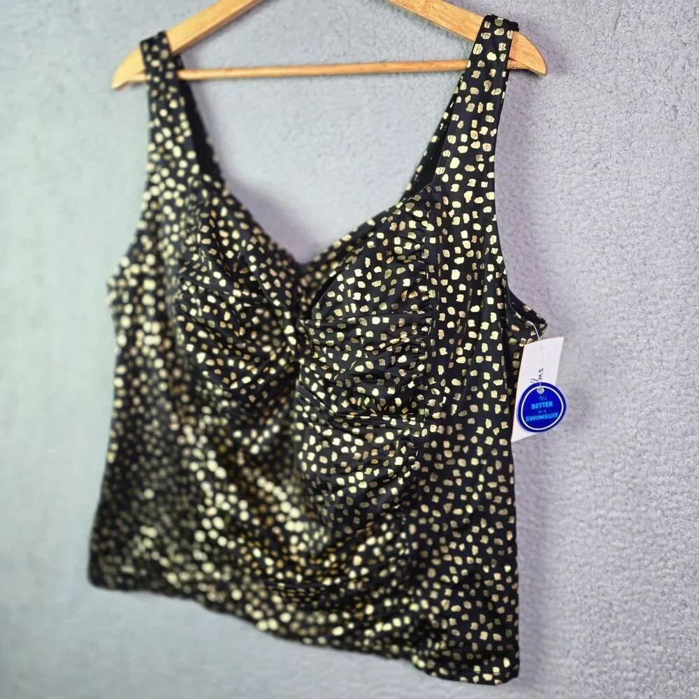 Swimsuits For All Tankini Top Black Gold 28 Ruched Supportive Swimwear New